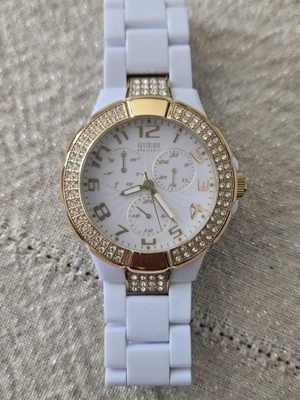 GUESS Women's White and Gold Crystal-Accent Silicone Watch